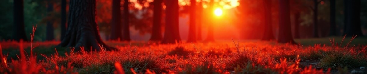Crimson sunrise paints pine needles, casting long shadows across the ground , panorama, nature, picture