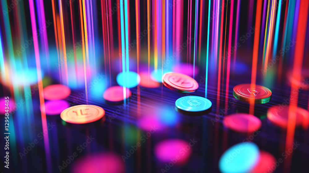 Poster a vibrant, abstract image featuring colorful lights and coins scattered on a dark surface, creating 