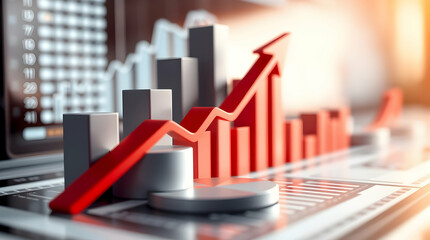 A digital 3D finance concept displaying a rising profit trend, financial statistics, and business intelligence analysis.