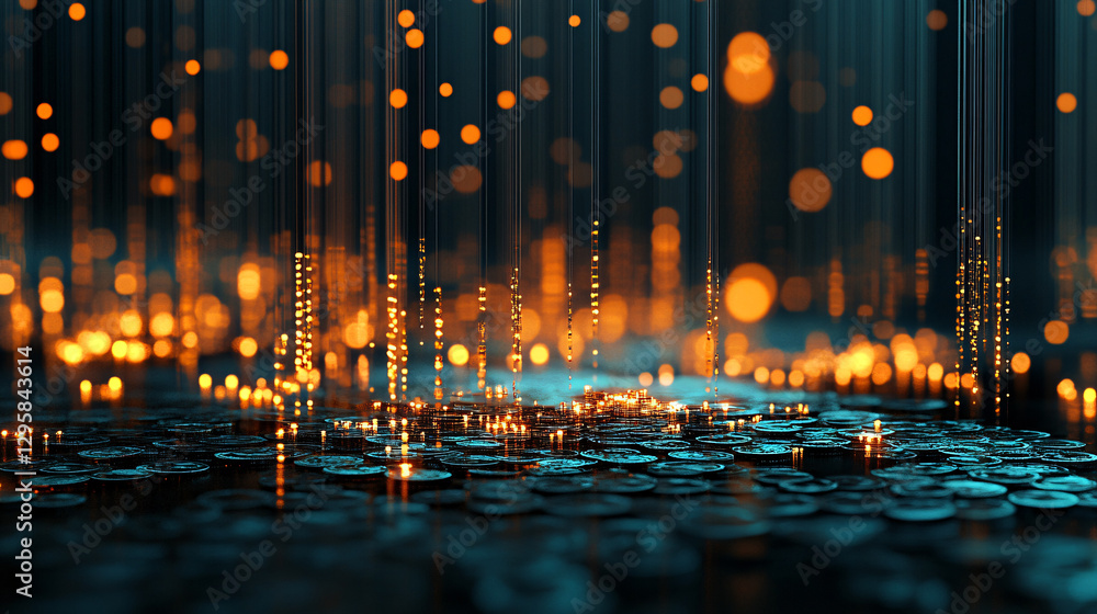 Poster a mesmerizing digital scene showcasing shimmering coins with glowing lights, creating an enchanting 