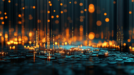 Obraz premium A mesmerizing digital scene showcasing shimmering coins with glowing lights, creating an enchanting and immersive atmosphere.