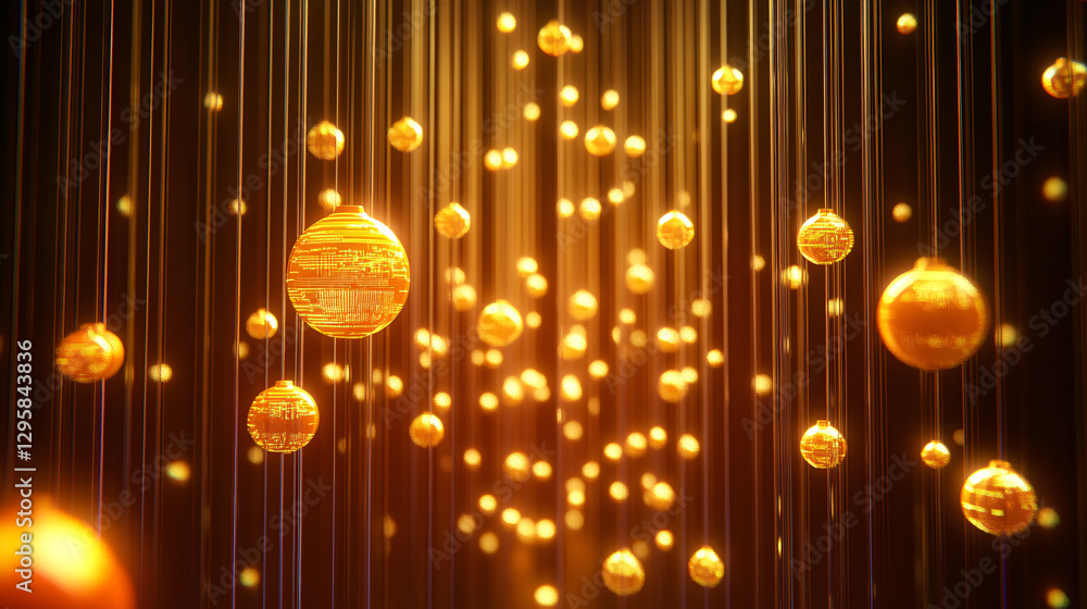 Poster a mesmerizing display of golden orbs suspended in a dark background, creating an enchanting and fest