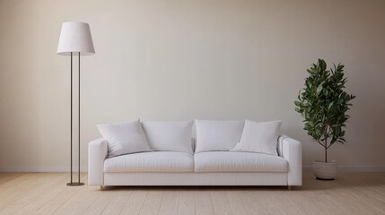 A contemporary 3D living room design showcasing a white sofa, floor lamp, and a potted plant, set against a neutral wall and wooden floor, creating a spacious, minimalist atmosphere.