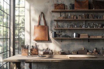 Cozy Artisan Workshop with Handmade Leather Bags and Tools