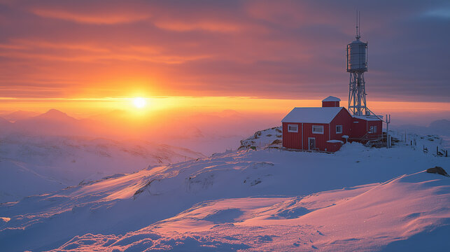 Sunset over a remote red cabin and water tower on a snowy mountain landscape with clouds glowing in warm colors - Powered by Adobe