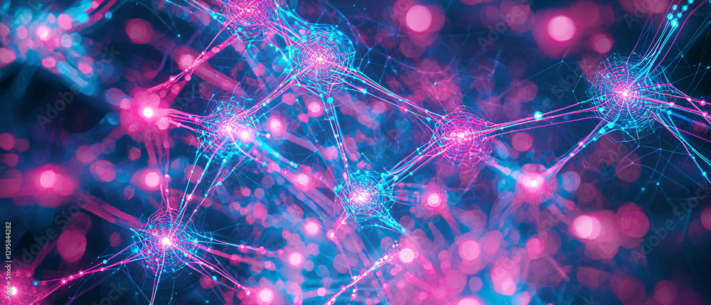 Poster a vibrant, abstract representation of interconnected networks, featuring glowing nodes and lines in 