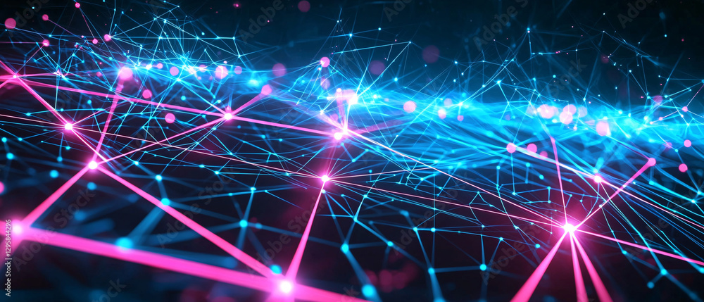 Aufkleber a vibrant digital network with interconnected nodes, illuminated by pink and blue lights, representi