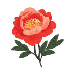 Simple flat 2D icon pink peony flower branch with leaves isolated on white background, vector, flat design, animation design, animation design, simple flat 2D icon, clipart