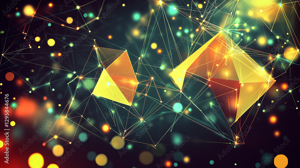 Poster a vibrant abstract background featuring geometric shapes, glowing dots, and interconnected lines, cr