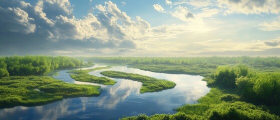 Tranquil River Meandering Through Lush Green Landscape Under Bright Blue Sky With Fluffy Clouds and Gentle Reflections in Calm Water
