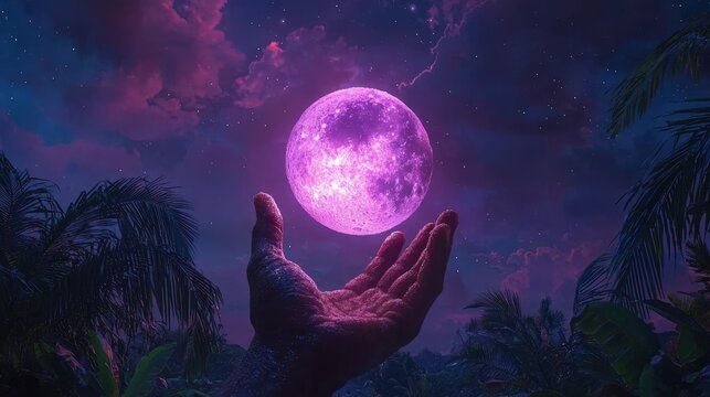 A glowing purple orb floats above an outstretched human hand