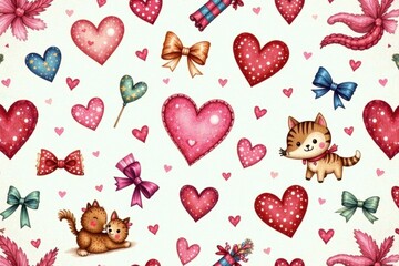 Whimsical hand-drawn candy hearts, bows, and playful animals in a repeating pattern , repeat, fun, kitten