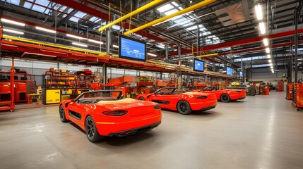 Three vibrant orange sports cars parked in a modern automotive factory showcasing advanced technology