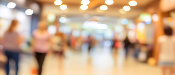 A blurred image of a busy shopping mall with people walking, showcasing a lively atmosphere.