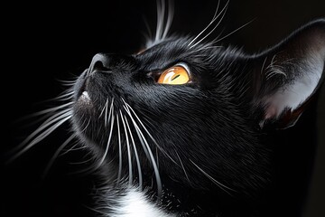 Portrait of a Black and White Cat with Golden Eyes Looking Upward