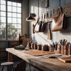 Cozy Artisan Workshop with Handmade Leather Bags and Tools