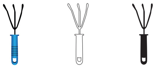garden shovel silhouette icon with three models,colored icon,outline or sketch and silhouette,garden equipment,symbol,vector illustration on white background.