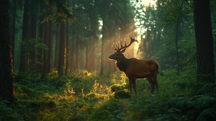 Majestic deer standing in a sunlit forest clearing amongst tall trees