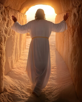 The resurrected Jesus comes out of the grave