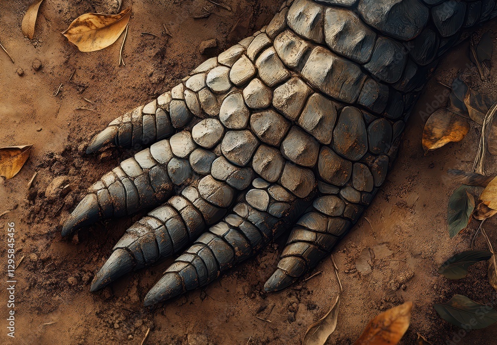 Poster close-up of a crocodile foot with scales and claws surrounded by nature and leafy background on grou