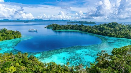 Tropical Island Paradise Turquoise Waters Lush Greenery and a Yacht at Anchor