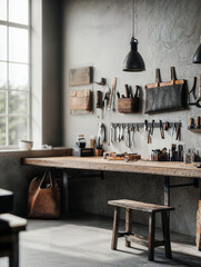 Cozy Artisan Workshop with Handmade Leather Bags and Tools