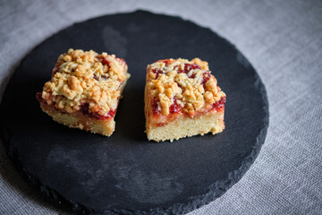 Portion of cherry streusel pie.	
