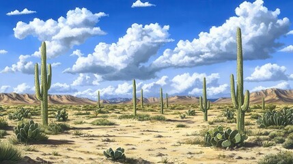 Fototapeta premium Desert Landscape with Saguaro Cacti Under a Cloudy Sky