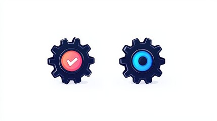 Two stylized gear icons with check mark and circle elements