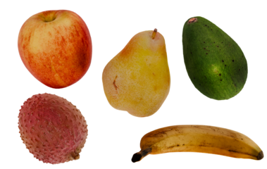 Colorful fruit assortment apple, pear, avocado, lychee, banana on black background
