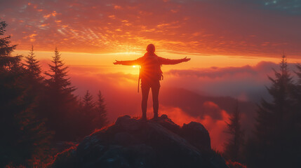 Obraz premium Person stands on mountaintop with arms open wide, celebrating sunset surrounded by trees and misty valleys in a breathtaking natural landscape