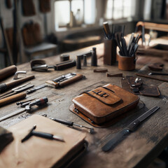 Cozy Artisan Workshop with Handmade Leather Bags and Tools