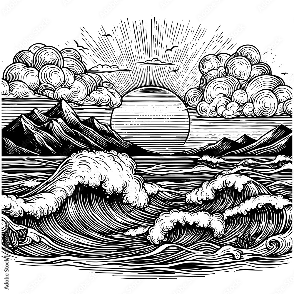Poster ocean waves in the foreground with towering mountains and clouds in the background sketch engraving 