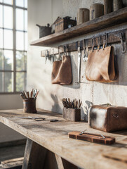 Cozy Artisan Workshop with Handmade Leather Bags and Tools