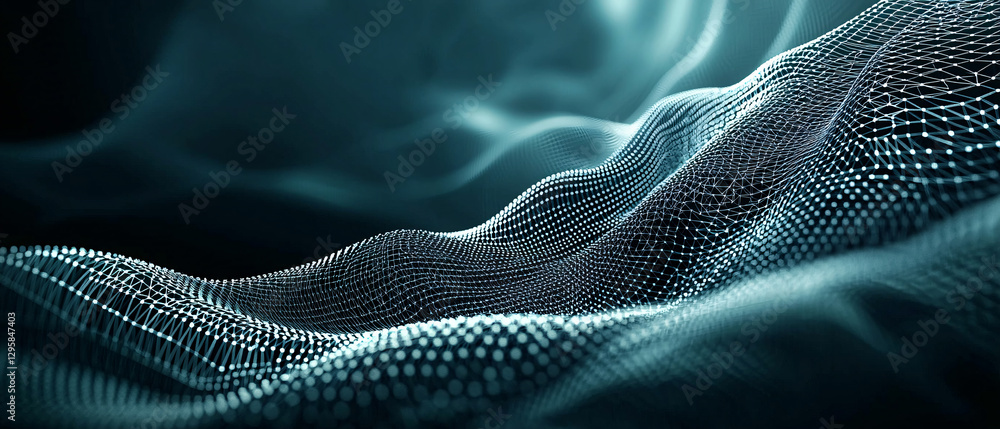 Poster a captivating abstract representation of flowing waves, featuring a blend of teal and black tones wi