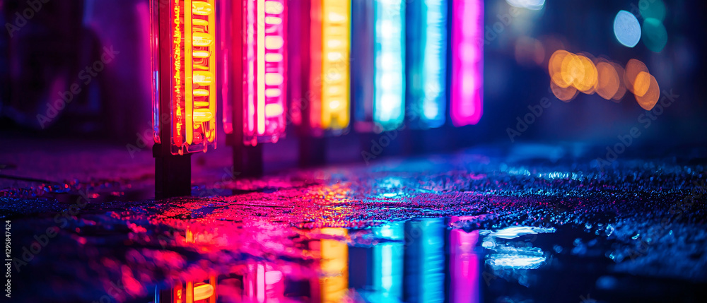 Poster a vibrant scene featuring colorful neon lights reflecting on a wet surface, creating an atmospheric 