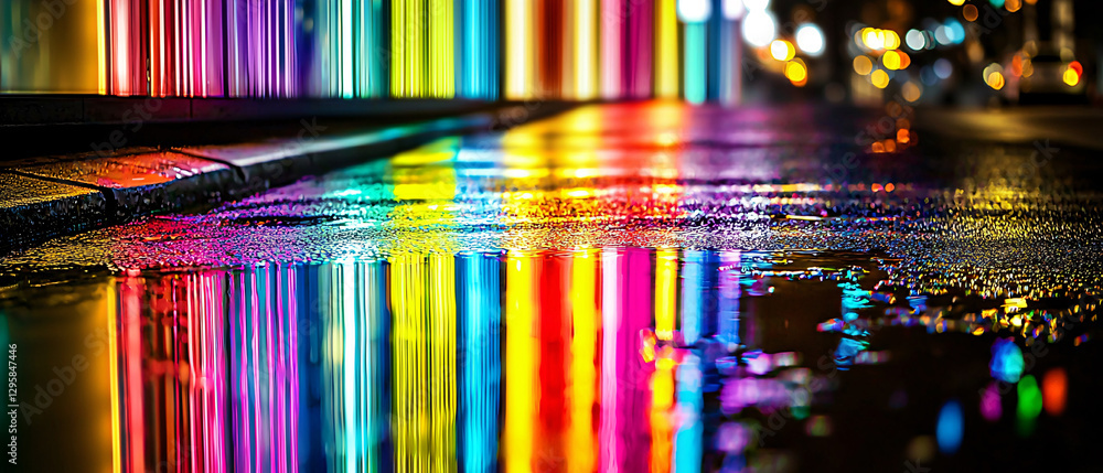 Poster a vibrant reflection of colorful lights on a wet surface, showcasing a dynamic urban scene filled wi