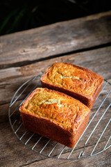 Bananabread. Side view, wooden background