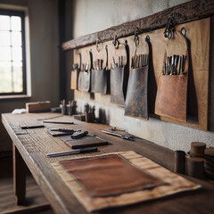 Cozy Artisan Workshop with Handmade Leather Bags and Tools