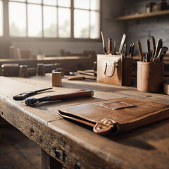 Cozy Artisan Workshop with Handmade Leather Bags and Tools