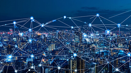 A vibrant city skyline at night, interconnected by glowing lines, symbolizing technology, connectivity, and urban life.