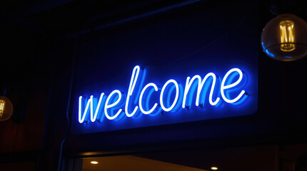 A vivid neon sign displays the word "welcome"  in bright blue, creating a warm and inviting atmosphere at the entrance of a cozy location during the evening