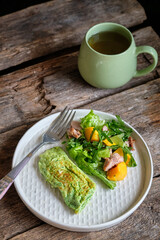 Spinach Omelette with Yellow Tomato, Lettuce and Turkey Salad