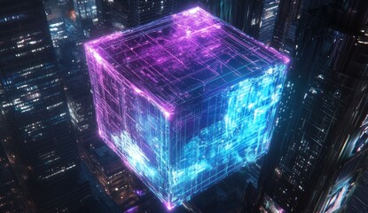 Futuristic cube hovering over a city