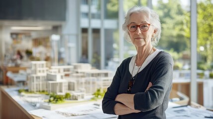 Senior architect standing confidently in an office environment showcasing a detailed architectural model with natural light and greenery in the background