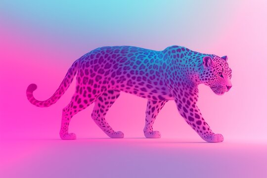 A full body neon leopard walking in a pink and blue gradient space