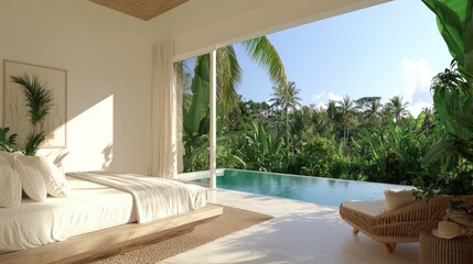 A Luxurious Bedroom Opens to a Swimming Pool and Lush Greenery