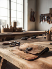 Cozy Artisan Workshop with Handmade Leather Bags and Tools