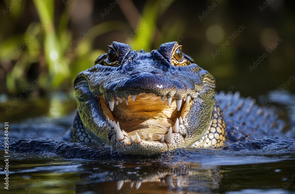 Poster close-up of a crocodile in water with open mouth displaying sharp teeth and glimmering eyes amidst g