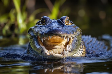 Obraz premium Close-Up of a Crocodile in Water with Open Mouth Displaying Sharp Teeth and Glimmering Eyes Amidst Greenery in Natural Habitat